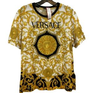 Versace Size 42 Black, White, Yellow Cotton Short Sleeve Hibiscus Print Top